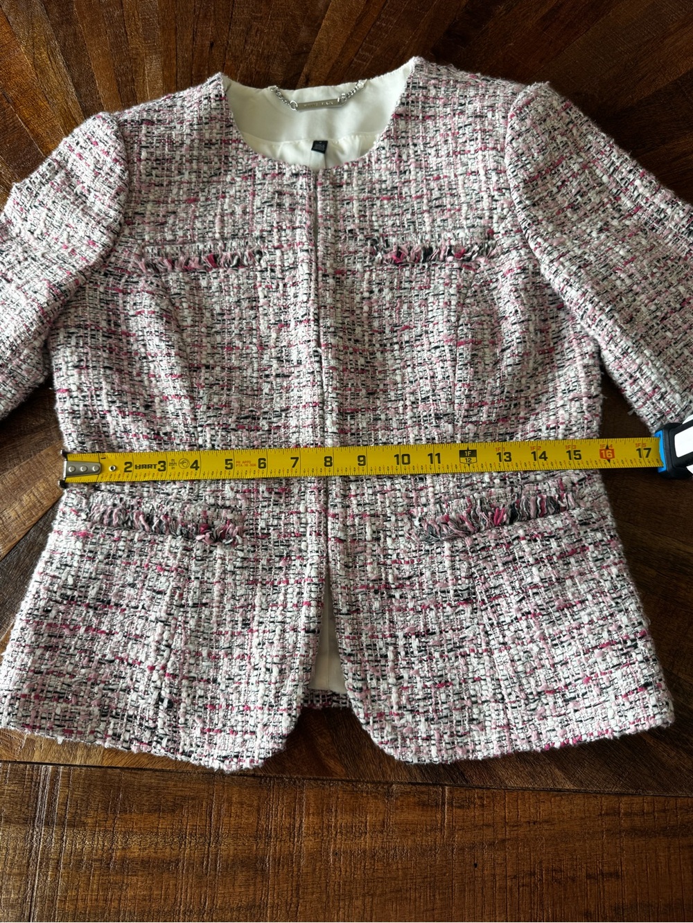 White House Black Market Pink and White Tweed Collarless Blazer - Picture 13 of 16